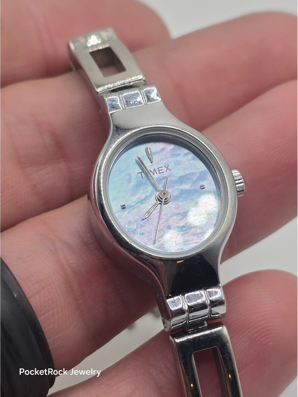 Timex Women’s Quartz Analog Blue Mother-of-Pearl Dial Silver Metal Bracelet